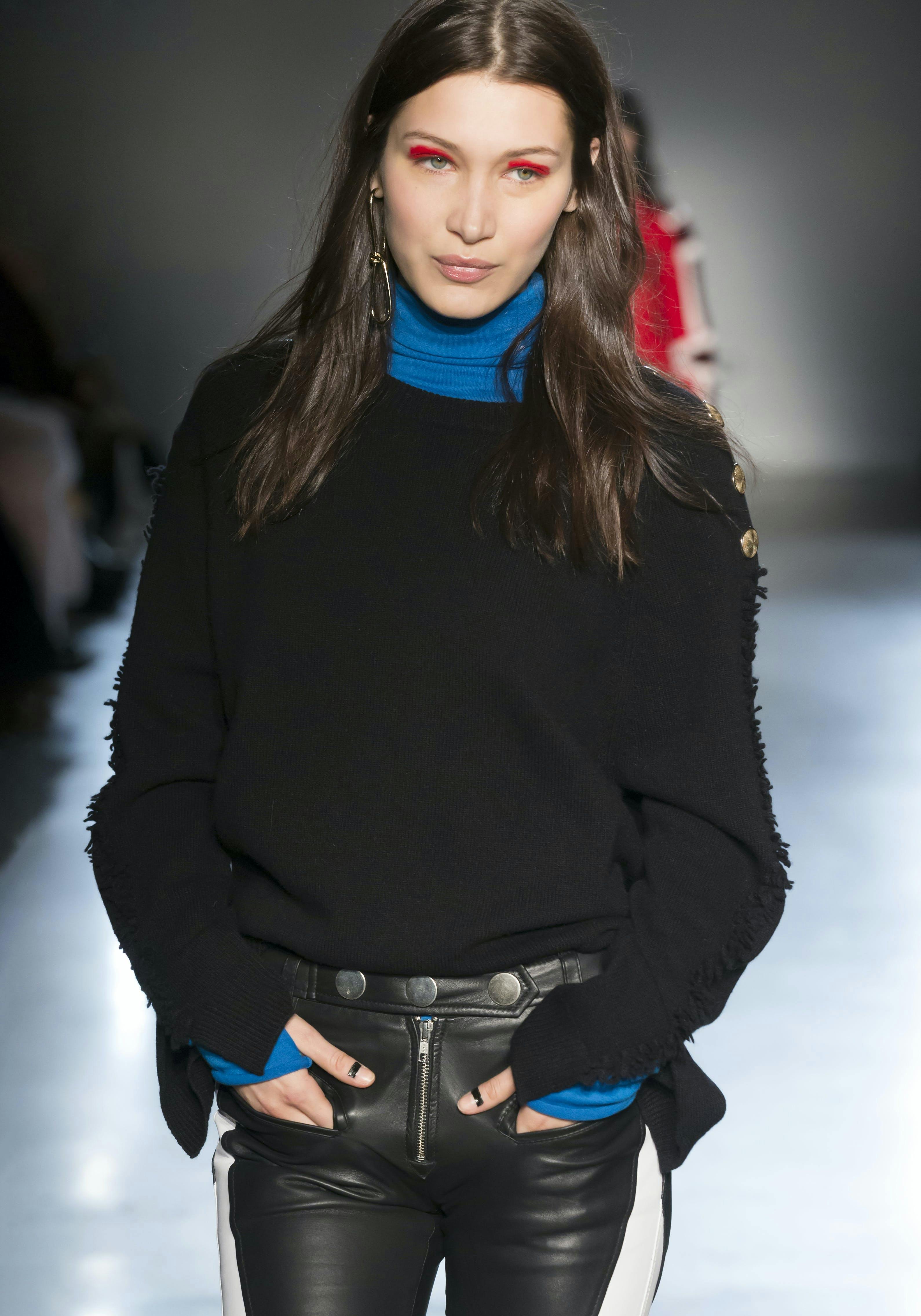 usa,new york fashion week,fashion week,bella hadid,show,runway,winter,collection,ny,2018,fashion show,2017,fall,catwalk,walking,nyc,model,ready to wear,zadig & voltaire,fashion,women long sleeve sleeve fashion adult female person woman pants blouse sweater