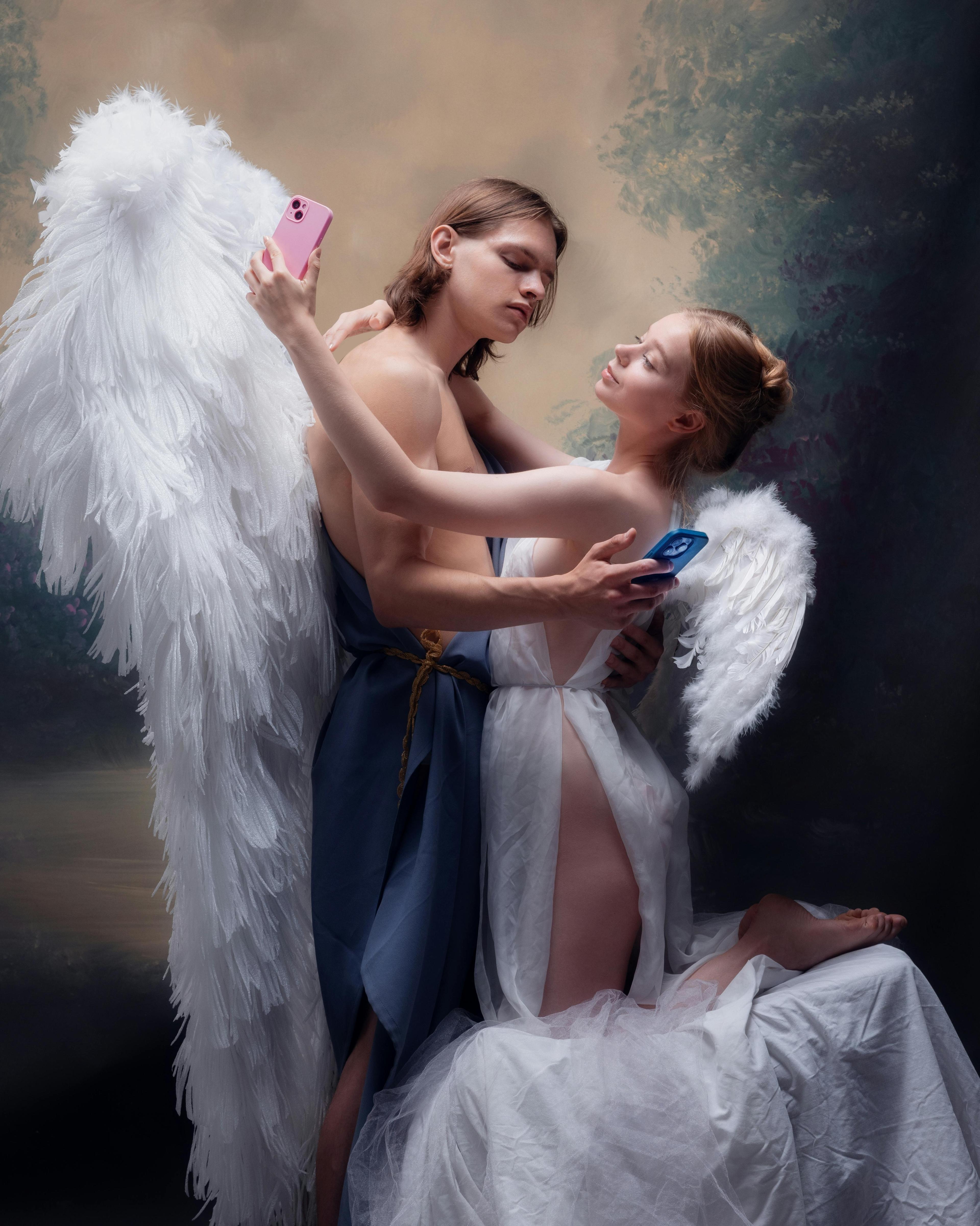 romance,couple,beauty,legend,historical,myth,antique,communication,passion,gallery,app,psyche,fantasy,statue,amour,heritage,history,ancient,mythology,museum,phone,wing,internet,love,woman,young,classical,muse,renaissance,media,modern,romantic,dating,man,elegant,exhibition,art,desire,social,18th century,medieval,mobile,sculpture,portrait,cupid,classic,culture,online,masterpiece clothing dress evening dress formal wear finger person fashion gown face mobile phone